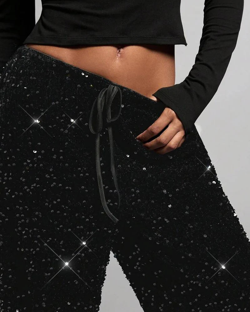 Pantalones Rectos de Terciopelo con Lentejuelas