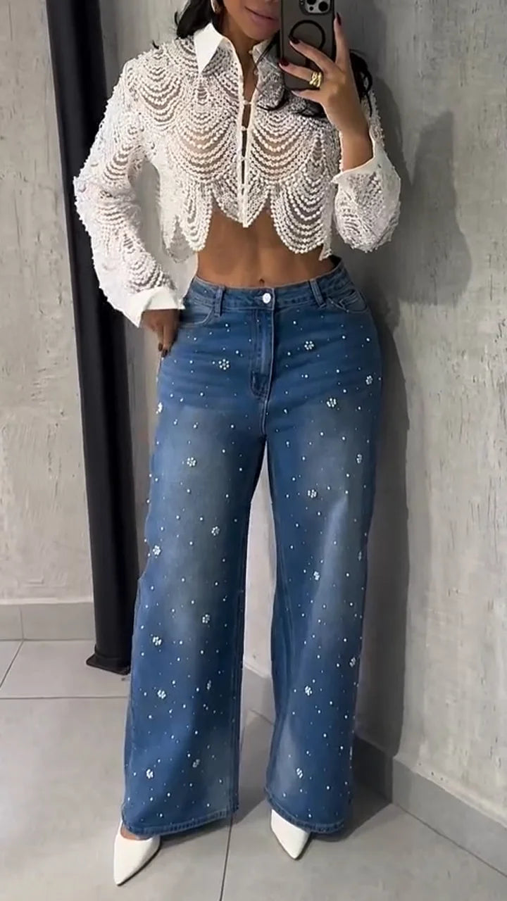 Conjunto  Top de Perlas y Vaqueros